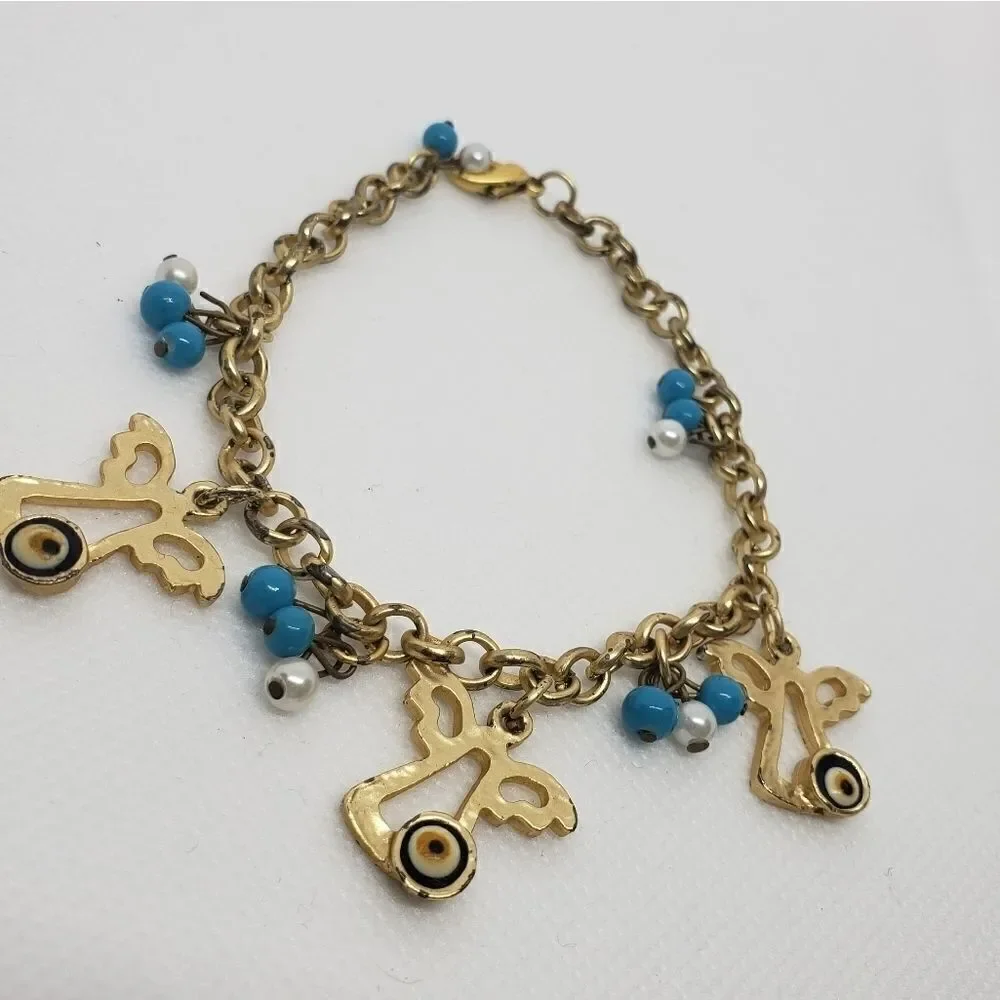 Evil Eye Angel Gold Tone Charm Pendant Bracelet